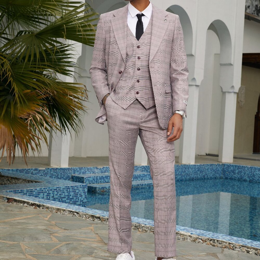 Pink Glen Plaid Wide Notch Lapel 3 Piece Stacy Adams Men's Suit